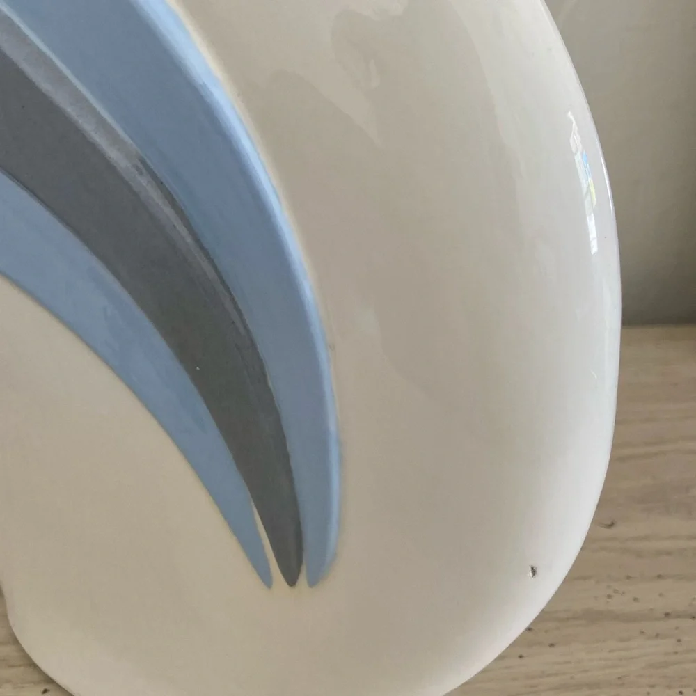 Vintage 1980s Art Deco Style Cornflower Blue and Cream Flat Round Ceramic Vase